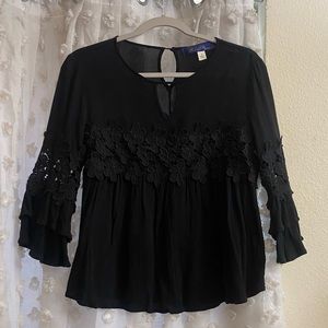 Blue Rain Black Floral Crochet Embroidered Quarter Flare Ruffle Sleeve Blouse